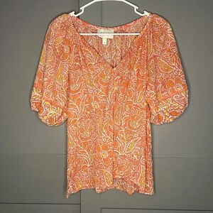 Cleobella Puff Short Sleeve Paisley Floral Button Up Layla Blouse Orange Small
